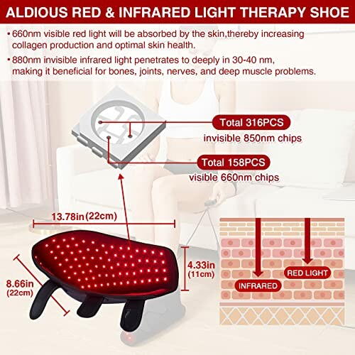 Red and infrared light therapy shoe with specifications and benefits.