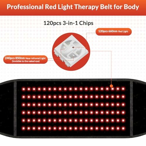 Red light therapy belt with 120pcs 3-in-1 chips, combining 120pcs 660nm red light and 240pcs 850nm near-infrared light.