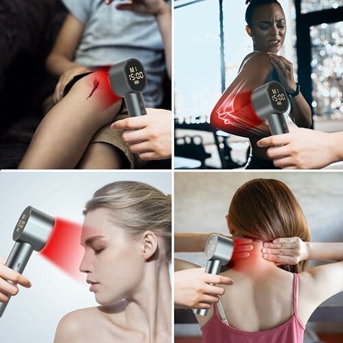 Collage of a red light therapy device used on various body parts.