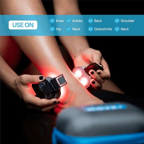 Person using red light therapy device on ankle.