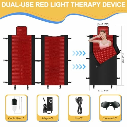 Dual-use red light therapy device with adjustable panels, controllers, adapter, line, and eye mask.