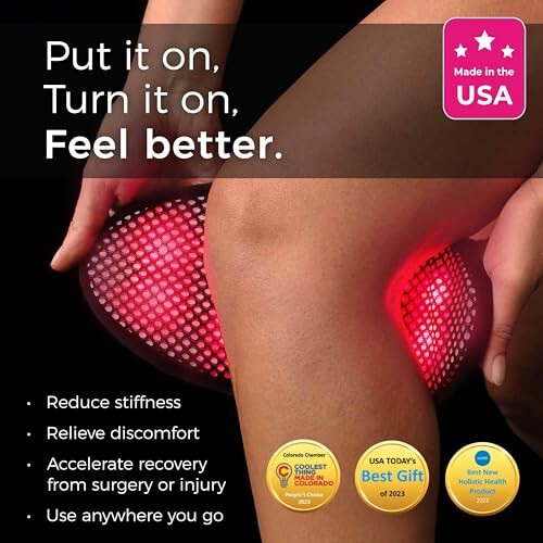 Red light therapy device being used on a knee.