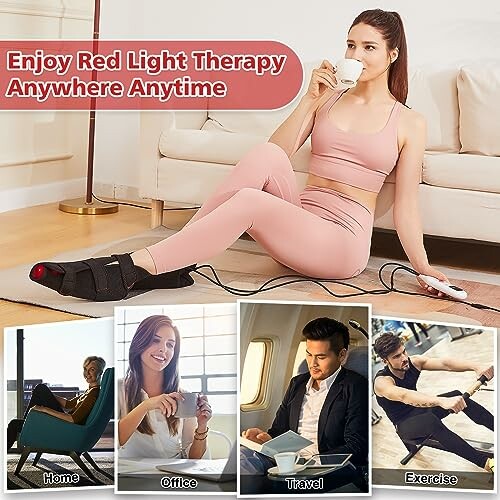 Woman using red light therapy device at home with coffee, and montage of home, office, travel, and exercise settings.