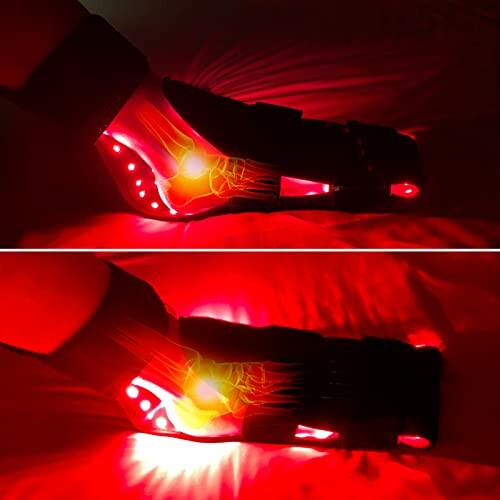 Foot in red light therapy device with illuminated areas.