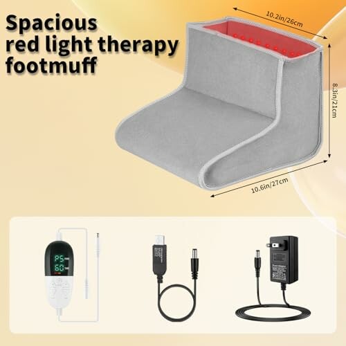 Spacious red light therapy footmuff with dimensions and accessories.