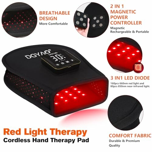 Red light therapy cordless hand pad with magnetic power controller and LED lights.