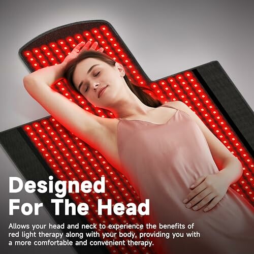 Woman using red light therapy device for head and neck.