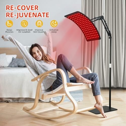 Woman using red light therapy lamp on rocking chair