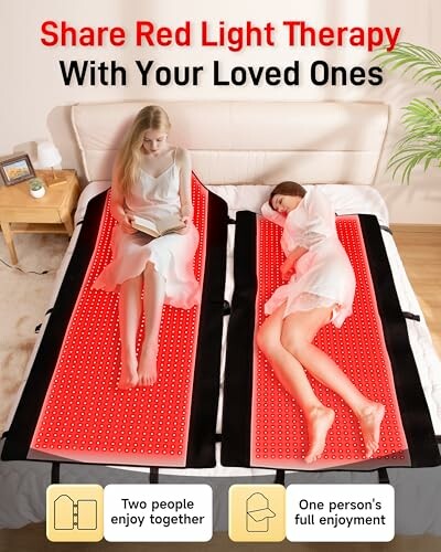 Two people using red light therapy mats on a bed.