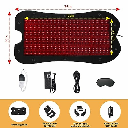 Red light therapy pad with accessories including remote, power cable, and eye mask.