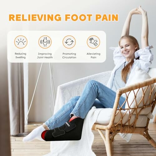 Woman using foot brace with benefits listed: reducing swelling, improving joint health, promoting circulation, alleviating pain.