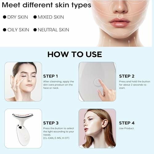 Instructions for using a skin care device, showing steps for different skin types.