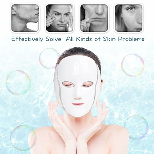 Woman wearing a skincare mask with images of skin issues and bubbles.