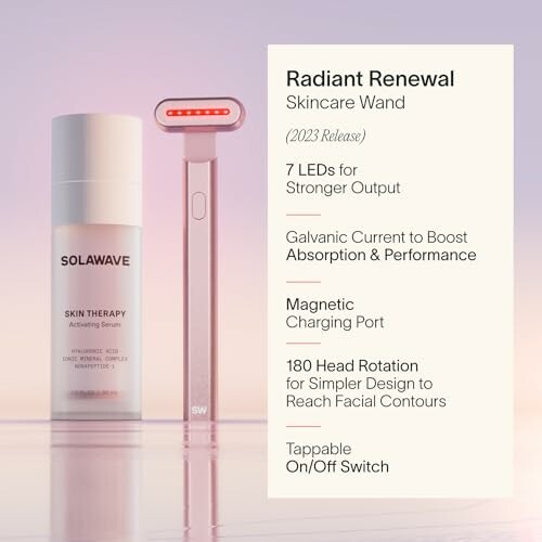 Solawave Radiant Renewal Skincare Wand with LED lights and activating serum.