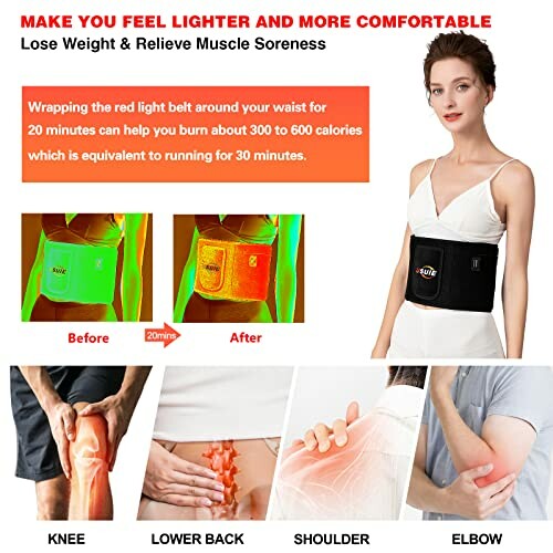 Weight loss belt advertisement showing before and after effects, featuring a woman wearing the belt, and images of knee, lower back, shoulder, and elbow for pain relief.