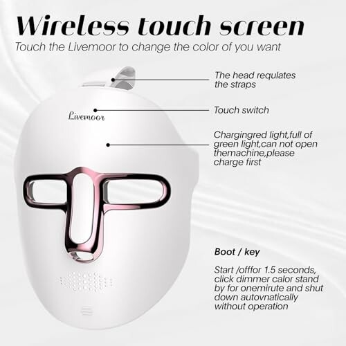 Wireless touch screen LED mask with instructions.