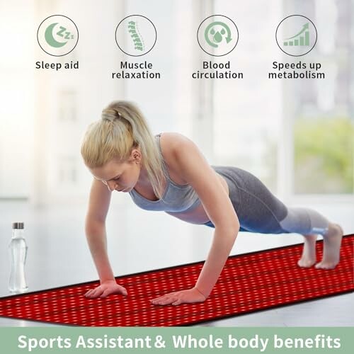 Woman doing plank exercise on a red mat with health benefits icons.