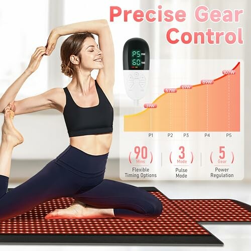 Woman practicing yoga on an LED therapy mat with precise gear control display and settings.