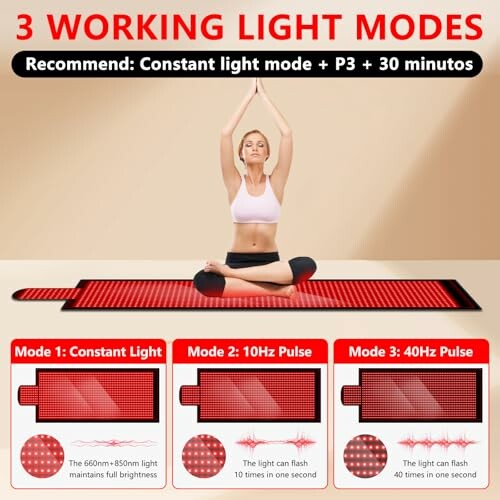 Woman practicing yoga on a light therapy mat with three working light modes displayed.