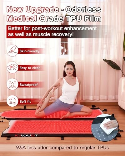 Woman practicing yoga on red mat with benefits listed.